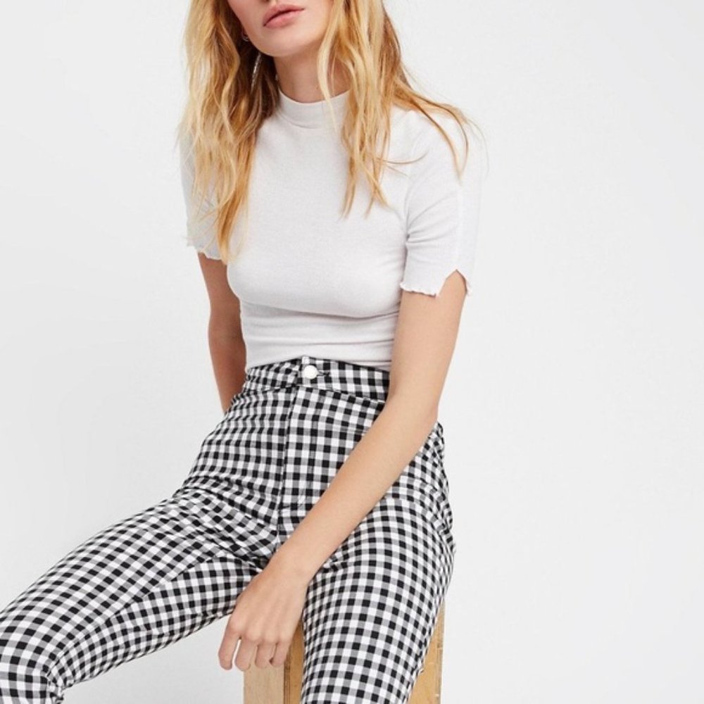 Free People Black and White Checkered Straight Leg Pants